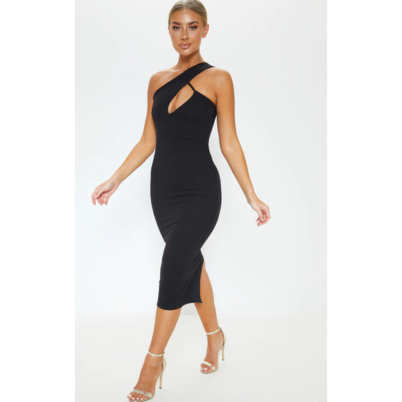 PrettyLittleThing Women's Black One Shoulder Asymmetric Neck Midi Dress - US 8 - Picture 1 of 8